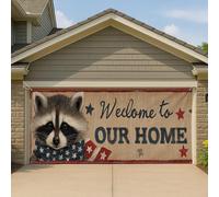 Couverture de porte de garage patriotique raton laveur, vintage animal américain, grande bannière de garage, décoration de fête extérieure pour la maison, 397 x 180 cm