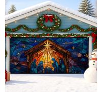 Couverture de porte de garage pour crèche de Noël, style vitrail coloré, décoration de Noël, vacances d'hiver, décoration intérieure et extérieure, 397 x 180 cm
