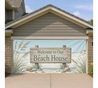 Couverture de porte de garage pour maison de plage, décoration vintage côtière, bleu océan et tons naturels, décoration d'été extérieure et intérieure, 397 x 180 cm
