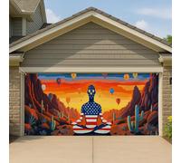 Couverture de porte de garage rétro avec étoiles et rayures, grande bannière de paysage zen, décoration saisonnière extérieure, 397 x 180 cm