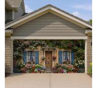 Couverture de porte de garage rustique sur le jardin de village 398,8 x | Toile de fond pour porte de garage, mur de pierre, volets bleus, maison rustique, vignes grimpantes, décoration murale