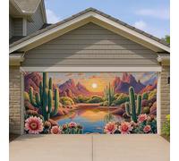 Couverture de porte de garage scénique au coucher du soleil du désert, fleurs de cactus colorées, grandes décorations de porte de garage, décoration extérieure naturelle, thème été et printemps, 400 x