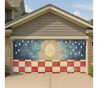 Couverture de porte de garage vintage Americana Sunburst, grande bannière à carreaux rouges et blancs pour l'extérieur, l'été, fête patriotique, 397 x 180 cm