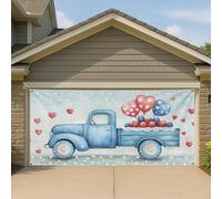 Couverture de porte de garage vintage bleu camion cœur ballons Saint Valentin amour rustique grande bannière décorations d'intérieur et d'extérieur romantique décoration de fond de fête 397 x 180 cm