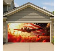Couverture de porte de garage vintage de l'aviation américaine, grande bannière de garage avec motif champs de coquelicots pour décoration extérieure patriotique saisonnière 400 x 180 cm