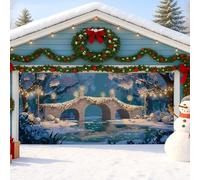 Couverture de porte de garage Winter Wonderland, pont festif bleu, grandes décorations de porte de garage, décoration de fête de Noël pour intérieur et extérieur, 397 x 180 cm