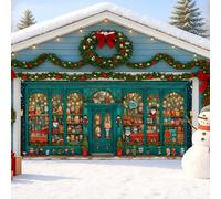 Couverture de porte de garage Winter Wonderland, scène de vacances festive avec bonhomme de neige et décorations de Noël, décoration de fête de Noël intérieure et extérieure, 397 x 180 cm