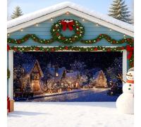 Couverture de porte de garage Winter Wonderland, scène de village enneigé, décorations de vacances, décoration de Noël festive intérieure et extérieure, 397 x 180 cm