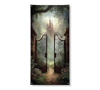 Couverture de porte de jardin mystique - Bannière décorative sur le thème du château de la forêt enchantée - Décoration de porte d'entrée - Intérieur ou extérieur - Toile de fond à suspendre