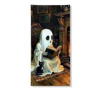 Couverture de porte de lecture fantôme d'Halloween - Bannière décorative vintage effrayante - Motif chat et fantôme - Fournitures de fête d'Halloween pour intérieur et extérieur - 91,4 x 183 cm