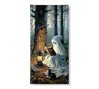 Couverture de porte de lecture fantôme effrayant, bannière décorative, scène forestière enchanteresse pour Halloween, intérieur ou extérieur, fournitures de festival d'automne 91,4 x 183 cm