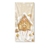 Couverture de porte de maison en pain d'épice de Noël, bannière décorative, thème du pays des merveilles d'hiver, décoration festive d'intérieur et d'extérieur 91,4 x 183 cm