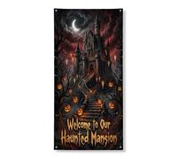Couverture de porte de manoir hantée décorative, effrayante gothique Jack-o'-Lanterne, croissant de lune, Halloween noire avec corde à suspendre, bannière de porte, décoration d'intérieur pour porte