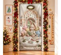 Couverture de porte de Noël avec illustration de livre d'histoires de lapin | Thème livre d'histoires, toile de fond de porte d'entrée, accents pastel doux, illustration fantaisie, atmosphère confortable