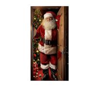 Couverture de porte de Père Noël - Décoration d'entrée de Noël, caractéristique de vacances en polyester, pour ouvertures de la baie française avec décoration de fête de soirée, bannière de porte de