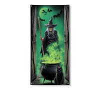 Couverture de porte de sorcière d'Halloween - Bannière décorative - Chaudron vert effrayant et chat - Décoration de porte d'entrée intérieure ou extérieure - Fournitures de vacances festives - 91,4 x