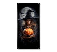 Couverture de porte de sorcière d'Halloween, bannière décorative effrayante en forme de citrouille d'art sombre, décoration de porte d'entrée, fournitures de vacances d'intérieur et d'extérieur 91,4 x