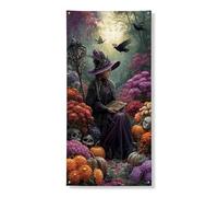 Couverture de porte de sorcière d'Halloween, bannière décorative, motif gothique de forêt enchantée pour festival d'automne, décoration intérieure et extérieure, 91,4 x 183 cm