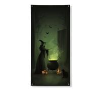 Couverture de porte de sorcière d'Halloween, bannière décorative, scène magique verte effrayante, décoration de porte d'entrée, intérieur ou extérieur, maison hantée, fournitures de festival 91,4 x