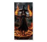 Couverture de porte de sorcière d'Halloween - Bannière décorative - Sorcière noire enchantée - Décoration de porte d'entrée, intérieur ou extérieur - Fournitures de festival effrayantes - 91,4 x 183