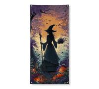 Couverture de porte de sorcière d'Halloween, bannière décorative, style forêt enchantée, décoration de porte d'entrée, festival d'automne, toile de fond effrayante à suspendre, 91,4 x 183 cm