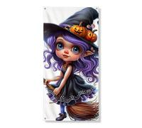 Couverture de porte de sorcière d'Halloween - Décoration de porte - Personnage de fée aux cheveux violets - Décoration de porte d'entrée pour intérieur ou extérieur - Fournitures de vacances festives