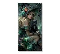 Couverture de porte de sorcière enchanteresse décorative, œuvre d'art fantastique vert mystique pour porte d'entrée, intérieur ou extérieur, toile de fond à suspendre, fournitures de festival 91,4 x