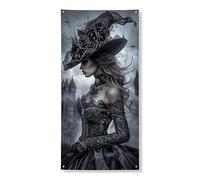 Couverture de porte de sorcière gothique - Bannière décorative - Femme fantaisie sombre avec chapeau - Décoration de porte d'entrée - Halloween - Intérieur et extérieur - Toile de fond à suspendre