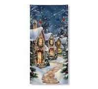 Couverture de porte de village d'hiver, bannière décorative, scène de chalet enneigé, décoration de vacances, décoration de vacances pour festival de Noël, 91,4 x 183 cm