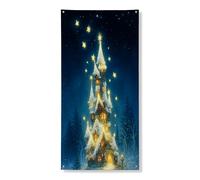 Couverture de porte décorative au pays des merveilles d'hiver, château enchanté enneigé, scène de nuit, décoration de porte d'entrée, fournitures de festival d'intérieur et d'extérieur 91,4 x 183 cm