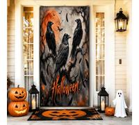 Couverture de porte décorative avec corbeaux et branches de lune effrayantes pour Halloween, noir, avec corde, bannière de porte d'entrée, décoration d'intérieur pour porte, mur, porche, décoration de