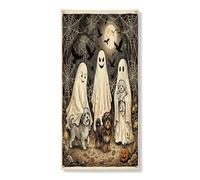 Couverture de porte décorative d'Halloween en forme de chien havanais 91,4 x 183 cm, fantômes de vacances à suspendre pour porte d'entrée, intérieur ou extérieur, toile de fond de porche forestière
