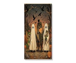 Couverture de porte décorative d'Halloween en forme de dilophosaure, 91,4 x 183 cm, fantômes dinosaures à suspendre pour porte d'entrée, intérieur et extérieur, toile de fond de porche forestière