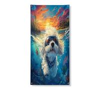 Couverture de porte décorative en forme de chien havanais 91,4 x 183 cm, amusante plage côtière océan à suspendre pour porte d'entrée, intérieur ou extérieur