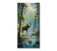 Couverture de porte décorative en forme d'élan dans une cascade panoramique, œuvre d'art nature sauvage pour décoration intérieure et extérieure, printemps été, entrée de la maison, 91,4 x 183 cm