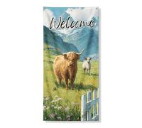 Couverture de porte décorative Highland Cattle - Bannière de vœux rustique pour intérieur et extérieur - Panneau de bienvenue pour le printemps et l'été - 91,4 x 183 cm