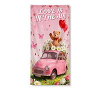Couverture de porte décorative Love Is in the Air - Jolie voiture pêche et ours - Décoration extérieure pour intérieur ou extérieur - Décoration romantique pour festival et vacances - 91,4 x 183 cm