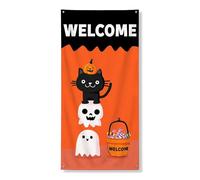Couverture de porte d'Halloween avec tête de mort de chat - Décoration festive d'intérieur et d'extérieur - Panneau de bienvenue effrayant - 91,4 x 183 cm