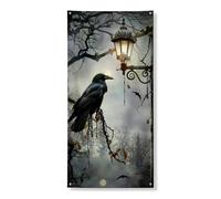 Couverture de porte d'Halloween corbeau - Bannière décorative - Lanterne de forêt effrayante - Décoration d'intérieur et d'extérieur - Décoration de festival d'automne - 91,4 x 183 cm