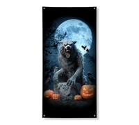 Couverture de porte d'Halloween loup-garou décorative, fantastique, fond au clair de lune, décoration d'intérieur ou d'extérieur pour maison hantée, fournitures 91,4 x 183 cm