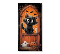 Couverture de porte d'Halloween pour chat - Bannière décorative - Chat noir fantaisie avec fantômes et citrouilles - Décoration de porte d'entrée - Fournitures de vacances effrayantes pour intérieur