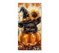 Couverture de porte d'Halloween pour chat - Bannière décorative - Motif citrouille noire - Décoration d'intérieur et d'extérieur - 91,4 x 183 cm