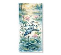Couverture de porte du matin nature - Bannière décorative - Aquarelle sereine héron et fleurs de nénuphar - Décoration de porte d'entrée - Intérieur et extérieur - Printemps - Été - Toile de fond à