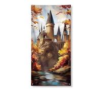 Couverture de porte en château d'automne - Bannière décorative - Paysage fantastique enchanté - Décoration de porte d'entrée d'intérieur ou d'extérieur - Toile de fond à suspendre pour Halloween