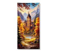 Couverture de porte en château d'automne - Bannière décorative, paysage vintage enchanté, décoration de porte d'entrée, intérieur ou extérieur - Toile de fond à suspendre pour festival, vacances