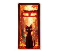 Couverture de porte en forme de chat d'automne - Bannière décorative - Scène d'automne fantaisie - Décoration de porte d'entrée - Intérieur ou extérieur - Décoration d'Halloween à suspendre