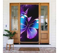 Couverture de porte en forme de papillon bleu et violet - Bannière à suspendre pour porte d'entrée - Fond photo - Printemps été - Décoration saisonnière - Panneau de porche pour intérieur ou extérieur