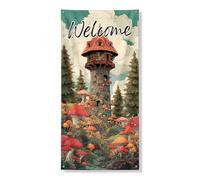 Couverture de porte en forme de tour de champignon fantastique, bannière décorative, motif forêt enchantée, décoration de porte d'entrée, intérieur ou extérieur, décorations d'automne pour la maison