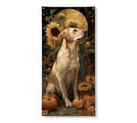 Couverture de porte en forme de tournesol d'automne - Bannière décorative vintage - Chien et citrouille - Décoration de porte d'entrée d'automne - Intérieur et extérieur - Toile de fond à suspendre