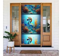 Couverture de porte en forme d'hippocampe de corail de fond marin. Bannière de couverture de porte imprimée, suspension murale festive pour décoration de fête
